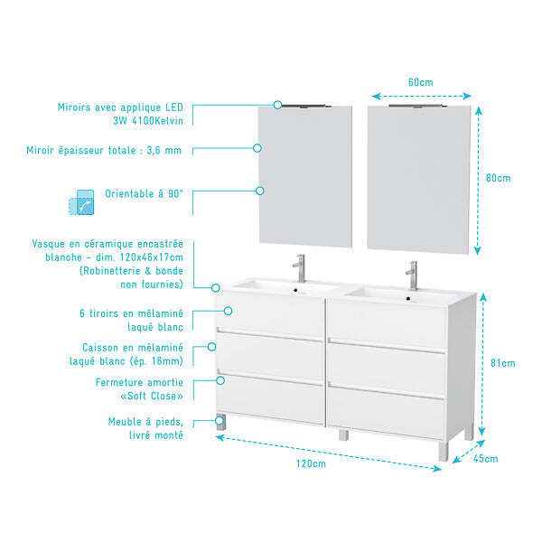 AURLANE - Meuble Salle de Bains 120 cm Laqué Blanc 6 Tiroirs, Vasque, Miroirs 60x80 et Réglettes Led - XENOS - large
