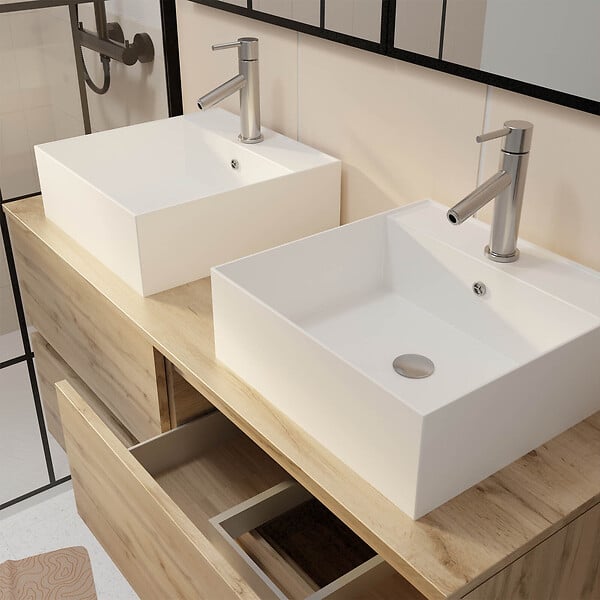 AURLANE - Meuble Salle de Bains 120cm 4 Tiroirs Chêne Naturel - 2 Vasques Carrées 41x41x15cm Blanches - large