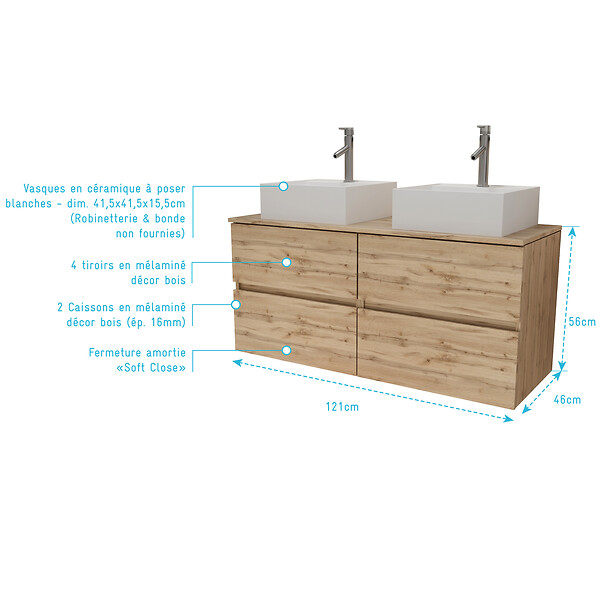 AURLANE - Meuble Salle de Bains 120cm 4 Tiroirs Chêne Naturel - 2 Vasques Carrées 41x41x15cm Blanches - large