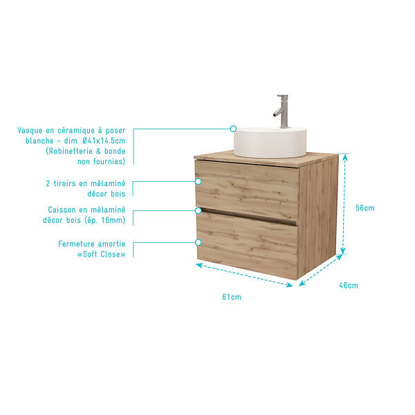AURLANE - Meuble Salle de Bains 60cm 2 Tiroirs Chêne Naturel + Vasque Ronde Diamètre 41cm en Céramique Blanche - large