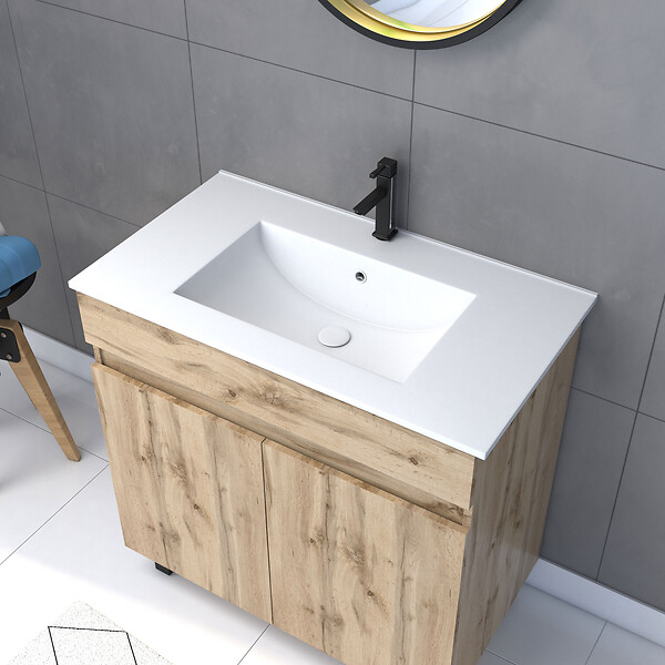 AURLANE - Meuble salle de bain 80x80 -Finition chene naturel + vasque blanche + miroir barber-TIMBER 80-Pack28 - large