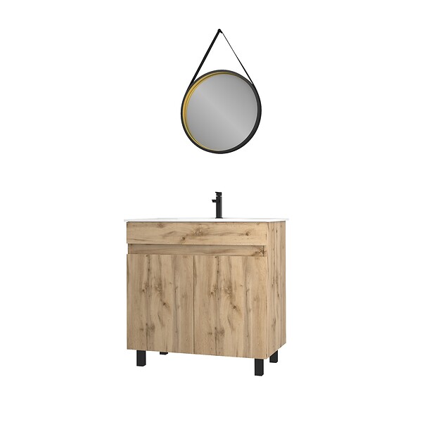 AURLANE - Meuble salle de bain 80x80 -Finition chene naturel + vasque blanche + miroir barber-TIMBER 80-Pack28 - large