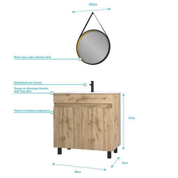 AURLANE - Meuble salle de bain 80x80 -Finition chene naturel + vasque blanche + miroir barber-TIMBER 80-Pack28 - large