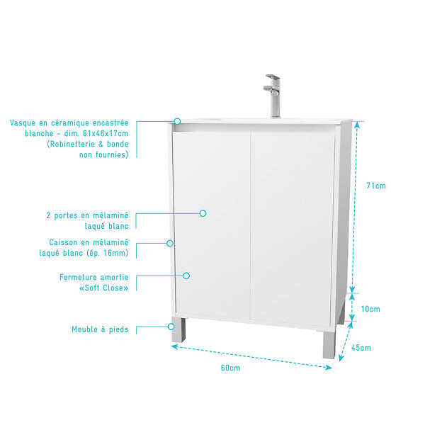 AURLANE - Pack Meuble Salle de Bains 60cm Laqué Blanc 2 portes avec Vasque Céramique Blanche - XENOS - large