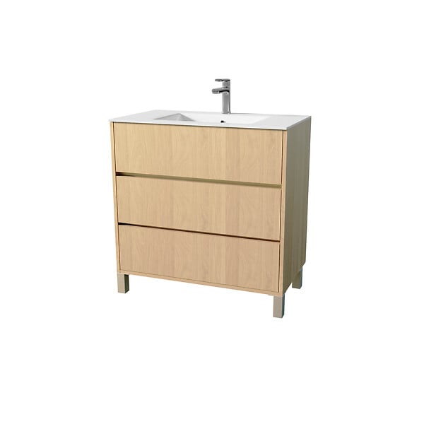 AURLANE - Pack Meuble Salle de Bains 80 cm Chêne Clair, 3 tiroirs avec Vasque Céramique - XENOS - large