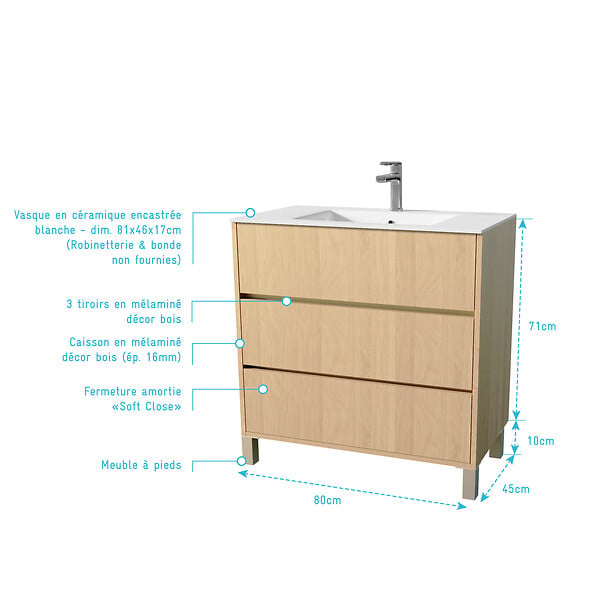AURLANE - Pack Meuble Salle de Bains 80 cm Chêne Clair, 3 tiroirs avec Vasque Céramique - XENOS - large