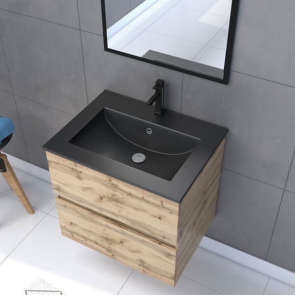 AURLANE - Pack Meuble SDB 60cm suspendu 2 tiroirs Chene_Vasque noire + Miroir - TIMBER 60_Pack07 - large