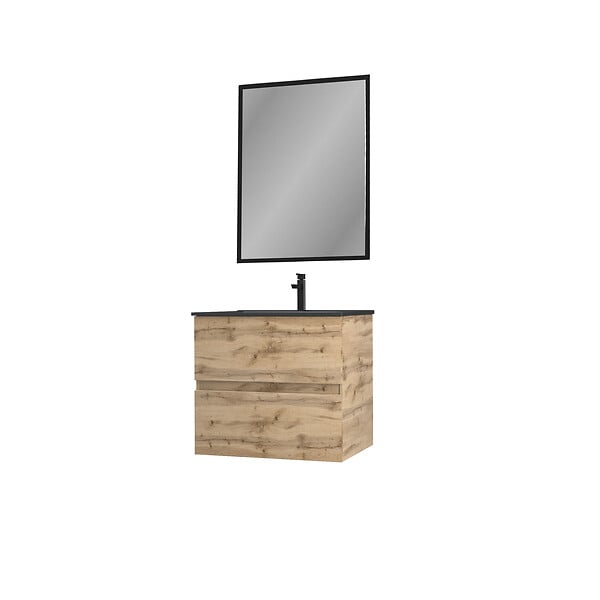 AURLANE - Pack Meuble SDB 60cm suspendu 2 tiroirs Chene_Vasque noire + Miroir - TIMBER 60_Pack07 - large