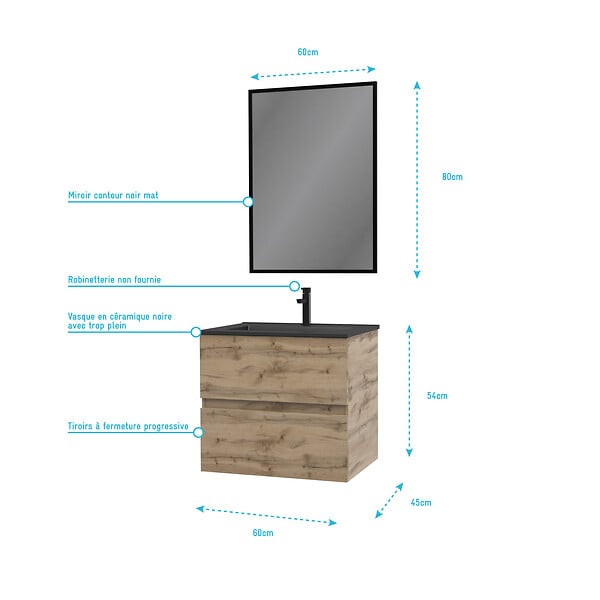 AURLANE - Pack Meuble SDB 60cm suspendu 2 tiroirs Chene_Vasque noire + Miroir - TIMBER 60_Pack07 - large