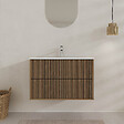 AURLANE - Meuble Salle de Bains 80cm 2 Tiroirs Décor Chêne et Noir Cranté - Vasque Blanche Mate - YUKI - vignette
