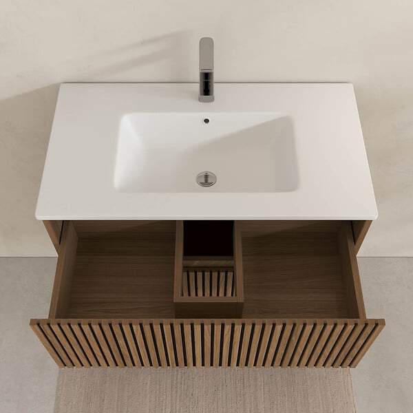 AURLANE - Meuble Salle de Bains 80cm 2 Tiroirs Décor Chêne et Noir Cranté - Vasque Blanche Mate - YUKI - large