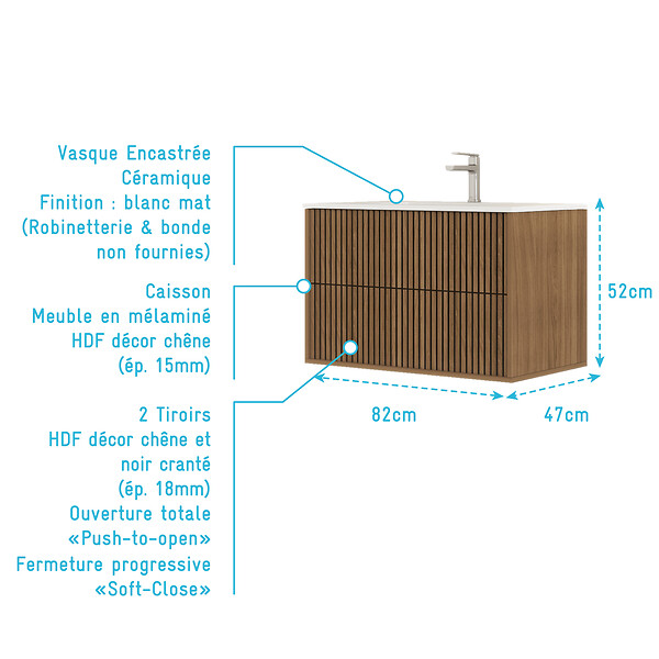 AURLANE - Meuble Salle de Bains 80cm 2 Tiroirs Décor Chêne et Noir Cranté - Vasque Blanche Mate - YUKI - large