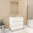 AURLANE - Pack Meuble Salle de Bains 80cm Blanc 3 Tiroirs, Vasque, Miroir 60x80 et réglette Led - XENOS - vignette