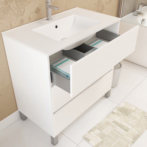 AURLANE - Pack Meuble Salle de Bains 80cm Blanc 3 Tiroirs, Vasque, Miroir 60x80 et réglette Led - XENOS - large