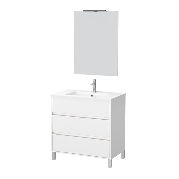 AURLANE - Pack Meuble Salle de Bains 80cm Blanc 3 Tiroirs, Vasque, Miroir 60x80 et réglette Led - XENOS - large