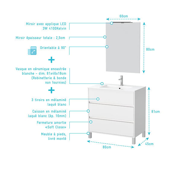 AURLANE - Pack Meuble Salle de Bains 80cm Blanc 3 Tiroirs, Vasque, Miroir 60x80 et réglette Led - XENOS - large
