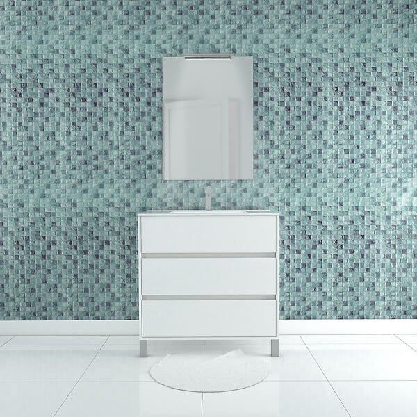 AURLANE - Pack Meuble Salle de Bains 80cm Blanc 3 Tiroirs, Vasque, Miroir 60x80 et réglette Led - XENOS - large
