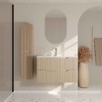 AURLANE - Meuble et colonne de Salle de Bains LEON 80cm Marron Glacé - Façades Ondulées - Vasque Blanche Mate - vignette
