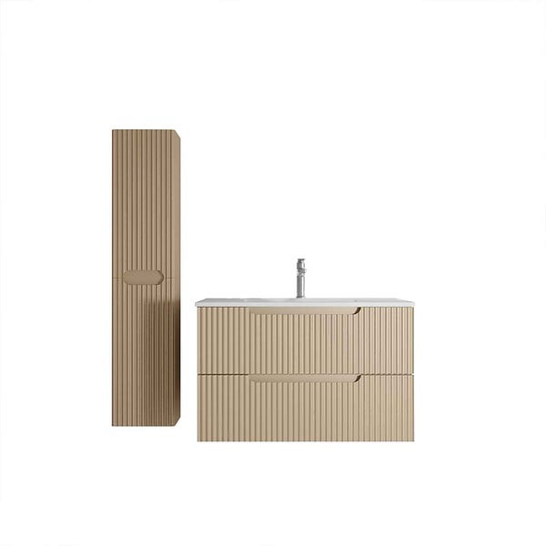 AURLANE - Meuble et colonne de Salle de Bains LEON 80cm Marron Glacé - Façades Ondulées - Vasque Blanche Mate - large