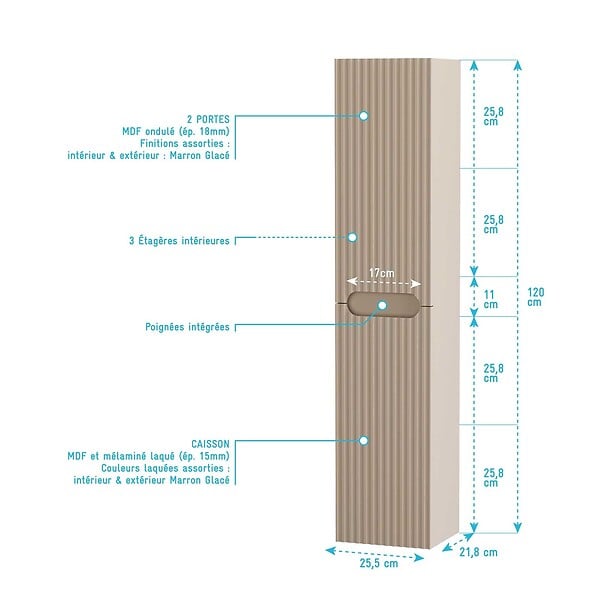 AURLANE - Meuble et colonne de Salle de Bains LEON 80cm Marron Glacé - Façades Ondulées - Vasque Blanche Mate - large