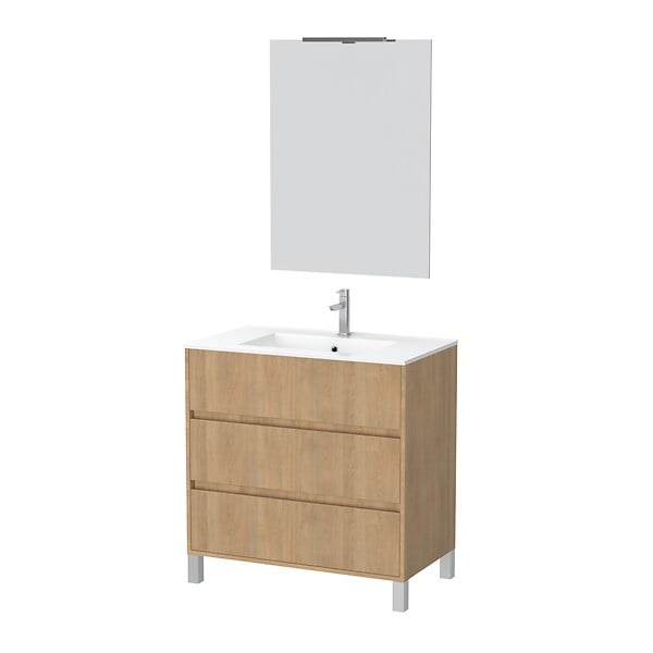 AURLANE - Pack Meuble Salle de Bains 80cm Chêne Clair 3 Tiroirs, Vasque, Miroir 60x80 et réglette Led - XENOS - large