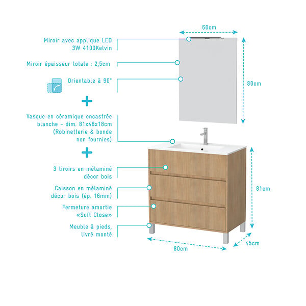 AURLANE - Pack Meuble Salle de Bains 80cm Chêne Clair 3 Tiroirs, Vasque, Miroir 60x80 et réglette Led - XENOS - large