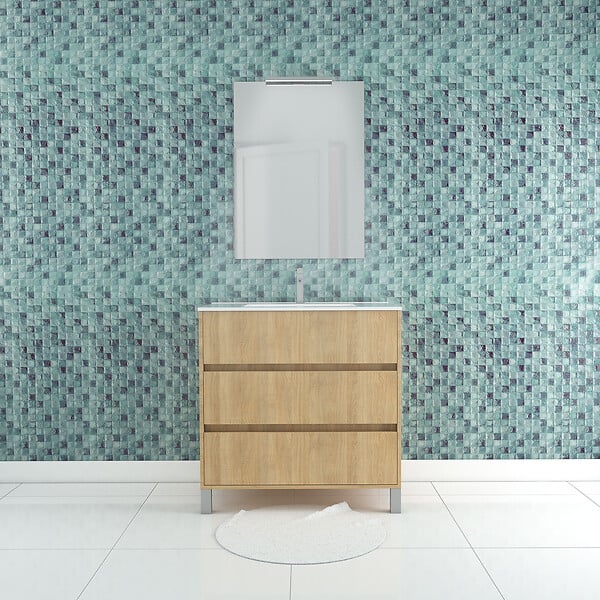 AURLANE - Pack Meuble Salle de Bains 80cm Chêne Clair 3 Tiroirs, Vasque, Miroir 60x80 et réglette Led - XENOS - large