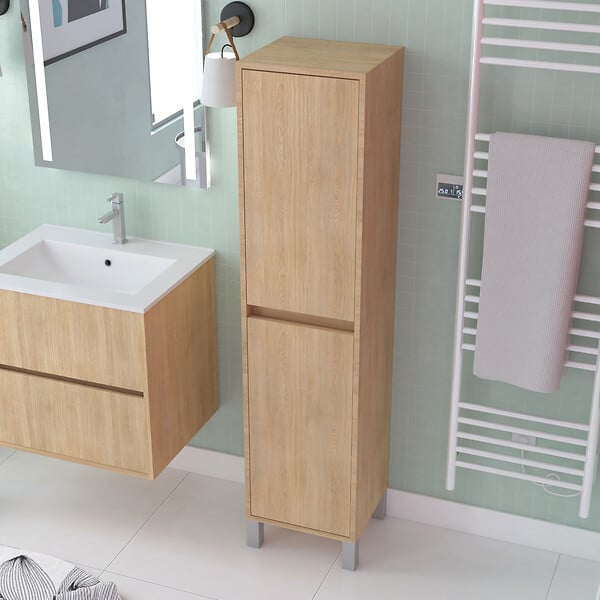 AURLANE - Colonne de rangement Chêne Clair sur Pieds - Hauteur 160 cm - 2 Portes - XENOS - large