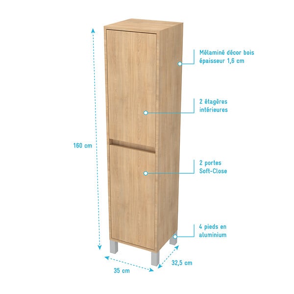 AURLANE - Colonne de rangement Chêne Clair sur Pieds - Hauteur 160 cm - 2 Portes - XENOS - large