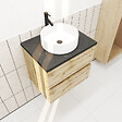 AURLANE - Meuble salle de bains 60cm Chêne Naturel 2 Tiroirs - Plan Effet Marbre Noir + Vasque Ronde Blanche - vignette