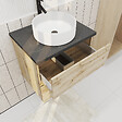 AURLANE - Meuble salle de bains 60cm Chêne Naturel 2 Tiroirs - Plan Effet Marbre Noir + Vasque Ronde Blanche - vignette