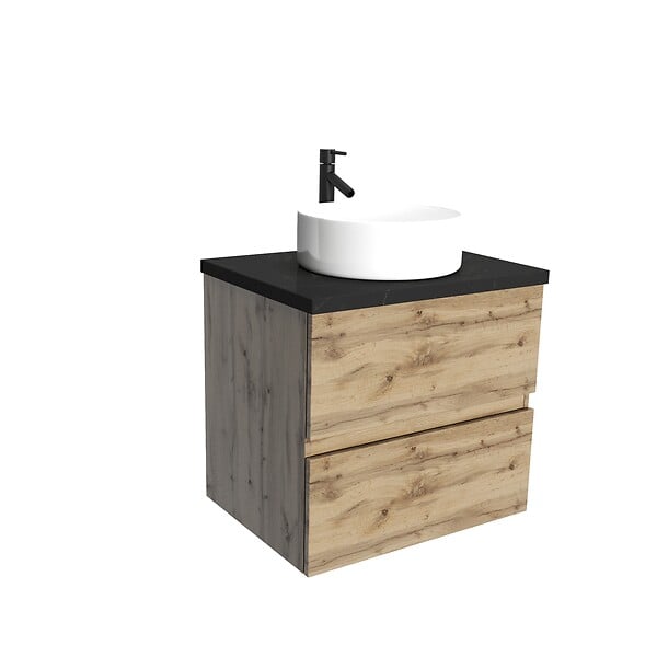 AURLANE - Meuble salle de bains 60cm Chêne Naturel 2 Tiroirs - Plan Effet Marbre Noir + Vasque Ronde Blanche - large