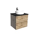 AURLANE - Meuble salle de bains 60cm Chêne Naturel 2 Tiroirs - Plan Effet Marbre Noir + Vasque Ronde Blanche - vignette