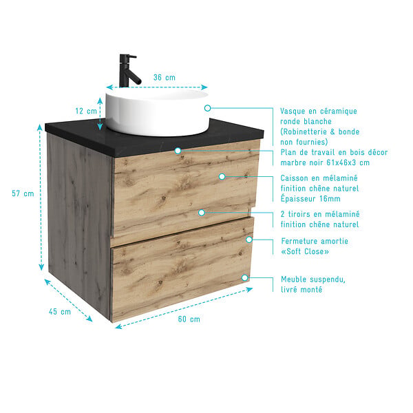 AURLANE - Meuble salle de bains 60cm Chêne Naturel 2 Tiroirs - Plan Effet Marbre Noir + Vasque Ronde Blanche - large