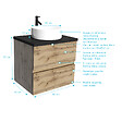 AURLANE - Meuble salle de bains 60cm Chêne Naturel 2 Tiroirs - Plan Effet Marbre Noir + Vasque Ronde Blanche - vignette