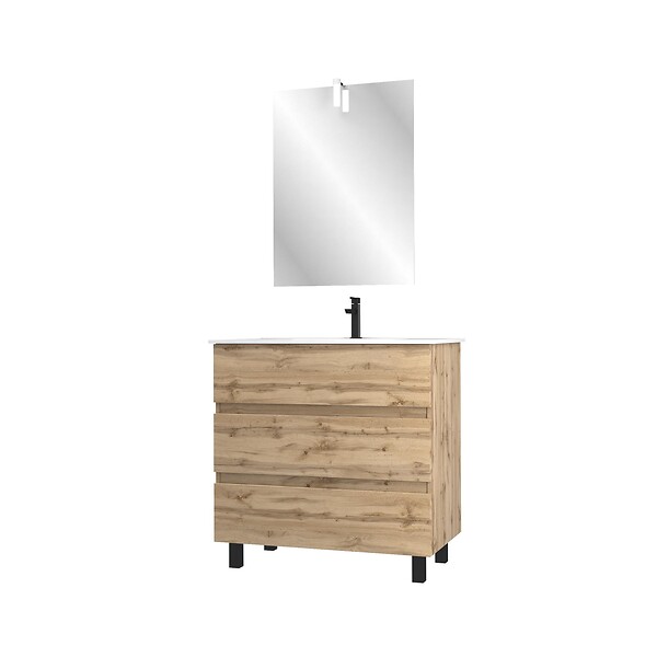 AURLANE - Pack Meuble SDB 80cm sur pieds 3 tiroirs Chene_Vasque blanche + Miroir Led - TIMBER 80_Pack47 - large