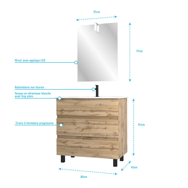 AURLANE - Pack Meuble SDB 80cm sur pieds 3 tiroirs Chene_Vasque blanche + Miroir Led - TIMBER 80_Pack47 - large