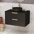AURLANE - Meuble Salle de Bains 80 cm Laqué Noir Mat et Or Doré - 2 Tiroirs - Vasque Ronde à Poser Noire - vignette