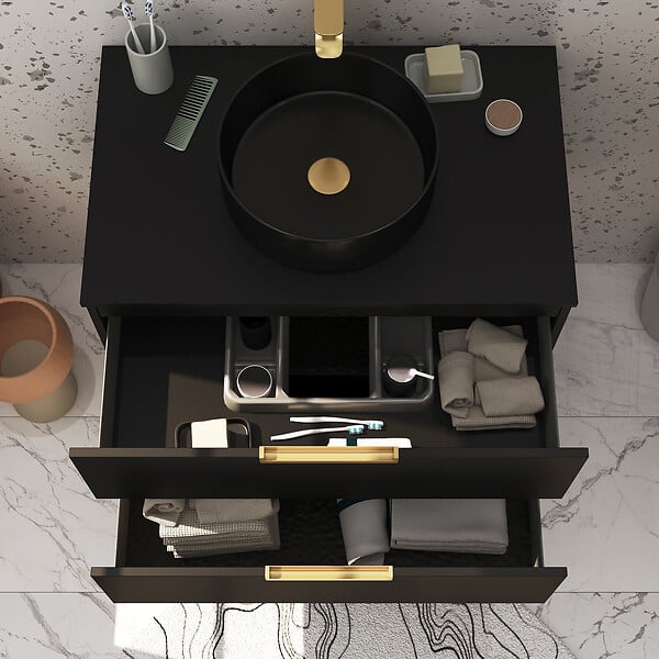 AURLANE - Meuble Salle de Bains 80 cm Laqué Noir Mat et Or Doré - 2 Tiroirs - Vasque Ronde à Poser Noire - large