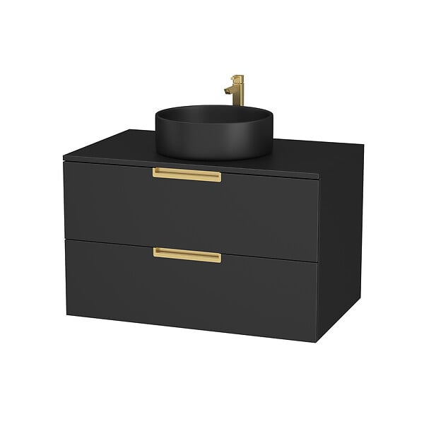 AURLANE - Meuble Salle de Bains 80 cm Laqué Noir Mat et Or Doré - 2 Tiroirs - Vasque Ronde à Poser Noire - large