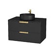 AURLANE - Meuble Salle de Bains 80 cm Laqué Noir Mat et Or Doré - 2 Tiroirs - Vasque Ronde à Poser Noire - vignette