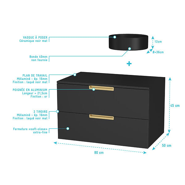 AURLANE - Meuble Salle de Bains 80 cm Laqué Noir Mat et Or Doré - 2 Tiroirs - Vasque Ronde à Poser Noire - large