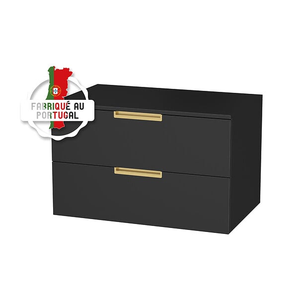 AURLANE - Meuble Salle de Bains 80 cm Laqué Noir Mat et Or Doré - 2 Tiroirs - Vasque Ronde à Poser Noire - large