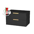 AURLANE - Meuble Salle de Bains 80 cm Laqué Noir Mat et Or Doré - 2 Tiroirs - Vasque Ronde à Poser Noire - vignette