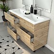 AURLANE - Meuble Salle de Bains 120cm 6 Tiroirs Chêne Naturel + Vasque Blanche + Miroirs avec appliques Led - vignette