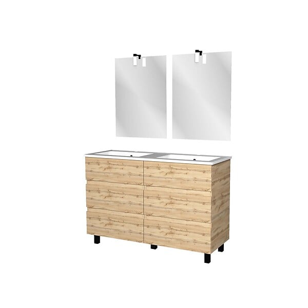 AURLANE - Meuble Salle de Bains 120cm 6 Tiroirs Chêne Naturel + Vasque Blanche + Miroirs avec appliques Led - large