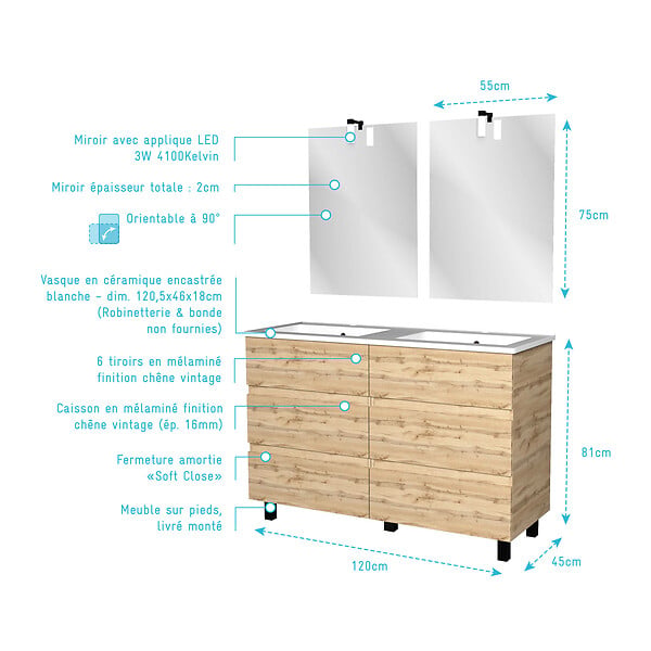 AURLANE - Meuble Salle de Bains 120cm 6 Tiroirs Chêne Naturel + Vasque Blanche + Miroirs avec appliques Led - large
