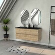 AURLANE - Meuble Salle de Bains 120cm 4 Tiroirs Chêne Naturel + Vasque Noire et Miroirs Ovales - vignette