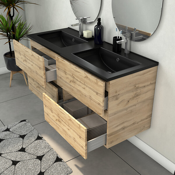 AURLANE - Meuble Salle de Bains 120cm 4 Tiroirs Chêne Naturel + Vasque Noire et Miroirs Ovales - large