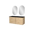 AURLANE - Meuble Salle de Bains 120cm 4 Tiroirs Chêne Naturel + Vasque Noire et Miroirs Ovales - vignette